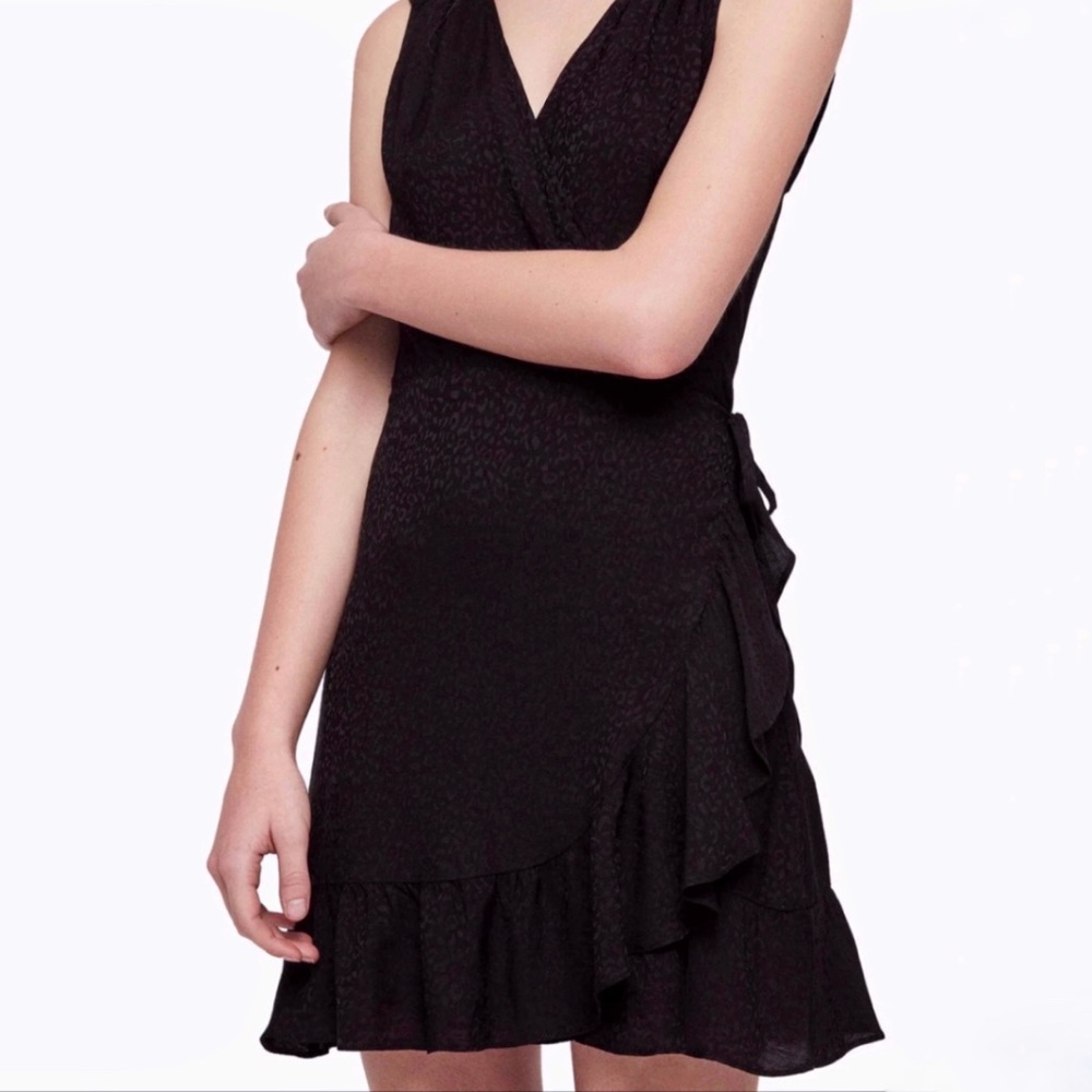 All Saints Krystal Black leopard print ruffle trim sleeveless wrap dress - Picture 4 of 13